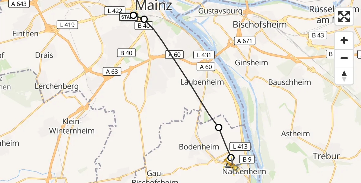 Flugroute Rettungshubschrauber Mainz University Hospital - Nackenheim, 06 September 2026, 13:49