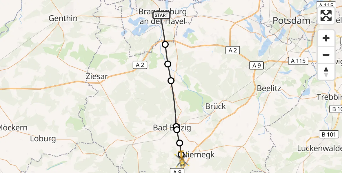 Flugroute Rettungshubschrauber Brandenburg an der Havel - Rabenstein/Fläming, 06 September 2026, 13:58