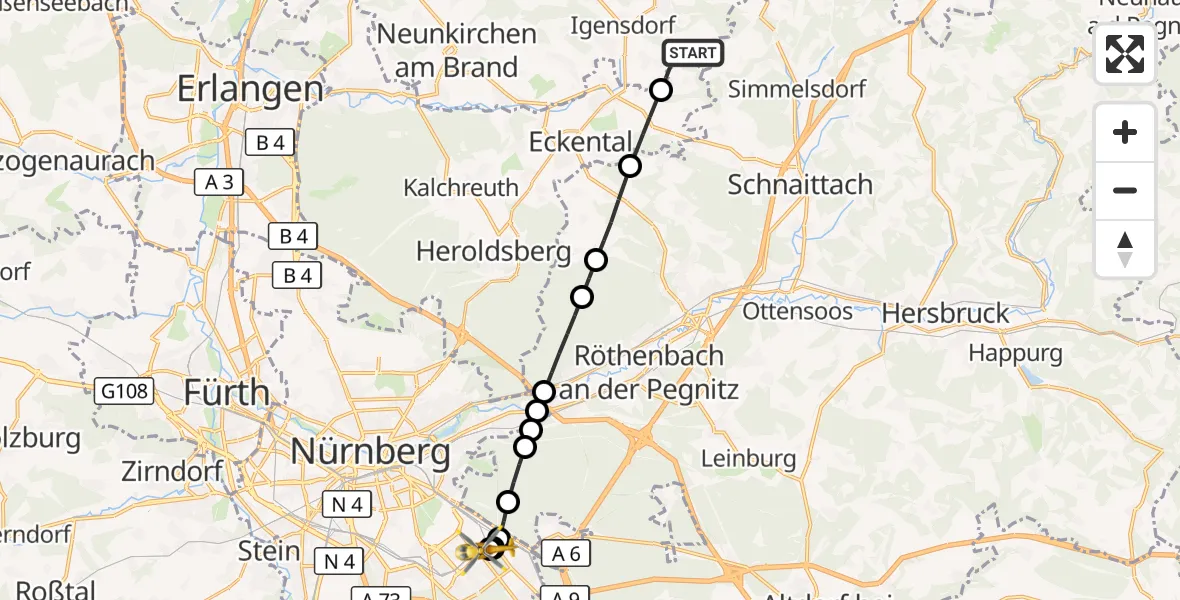 Flugroute Ambulanzhubschrauber Igensdorf - Nürnberg South Hospital, 06 September 2026, 13:58
