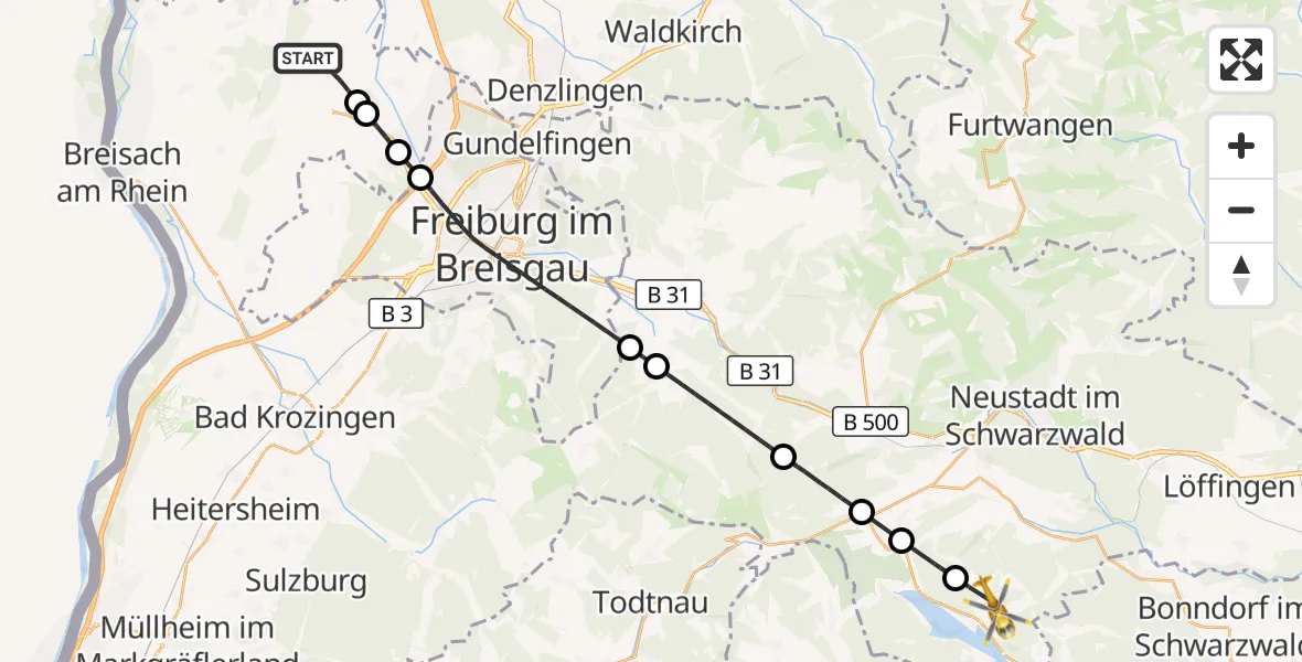 Flugroute Ambulanzhubschrauber Bötzingen - Schluchsee, 06 September 2026, 14:01