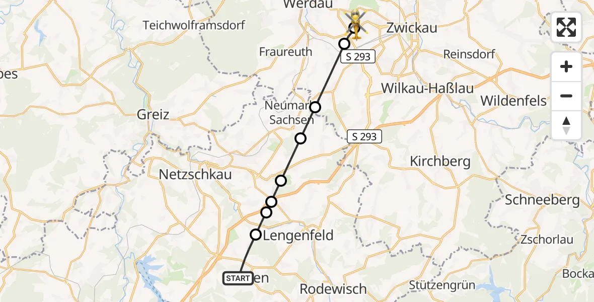 Flugroute Rettungshubschrauber Treuen - ADAC Air Rescue Station Zwickau Hubschrauberlandeplatz, 06 September 2026, 14:02