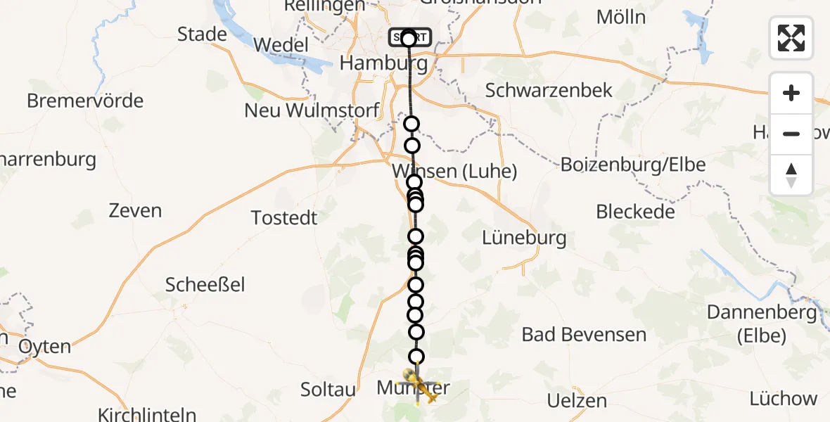Flugroute Rettungshubschrauber Hamburg Military Hospital - Munster, 06 September 2026, 14:03