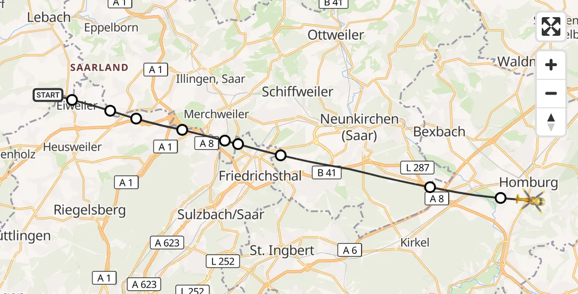 Flugroute Rettungshubschrauber Saarwellingen - Homburg, 06 September 2026, 14:09