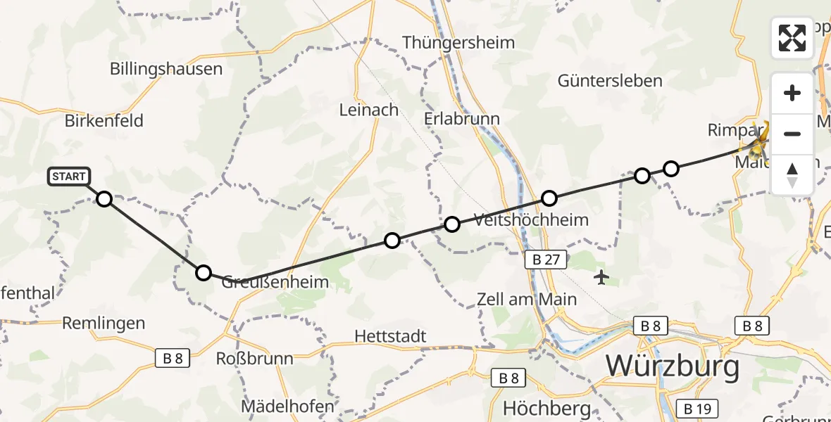 Flugroute Rettungshubschrauber Birkenfeld - Rimpar, 06 September 2026, 14:14