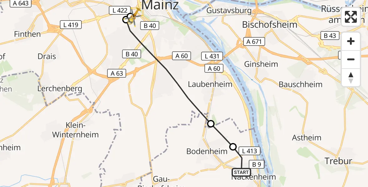 Flugroute Rettungshubschrauber Nackenheim - Mainz University Hospital, 06 September 2026, 14:15