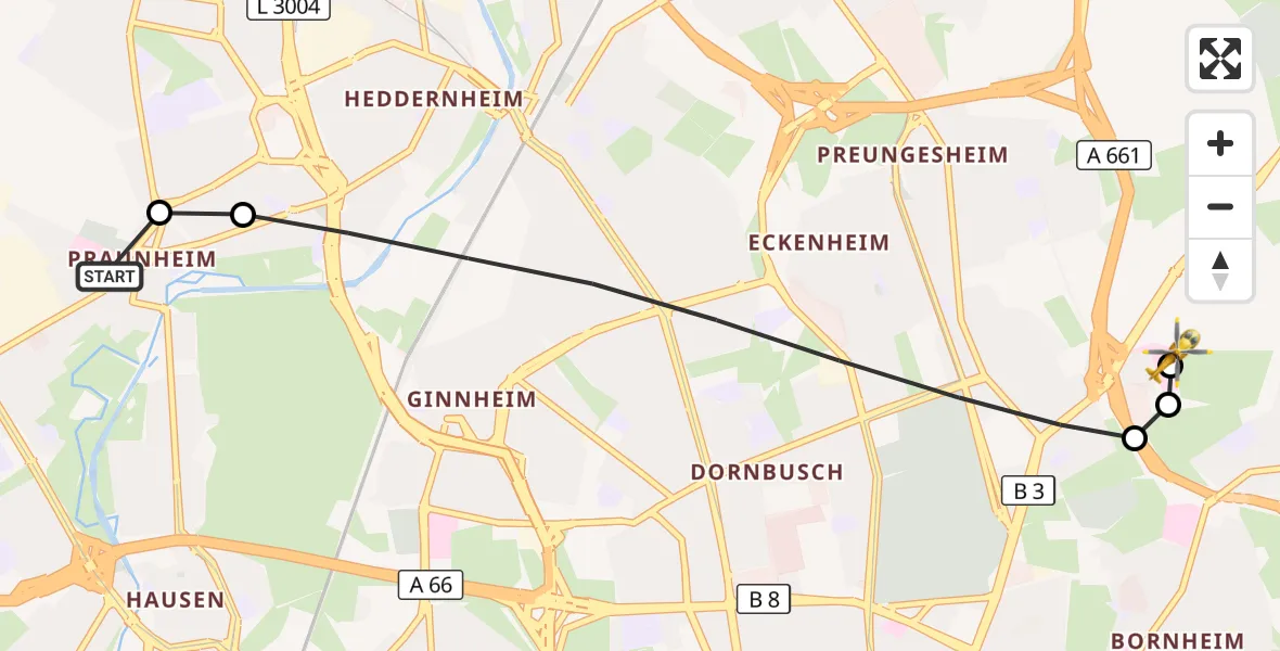 Flugroute Rettungshubschrauber Northwest Hospital - Frankfurt am Main Accident Hospital Roof Helipad (CHX2), 06 September 2026, 14:16