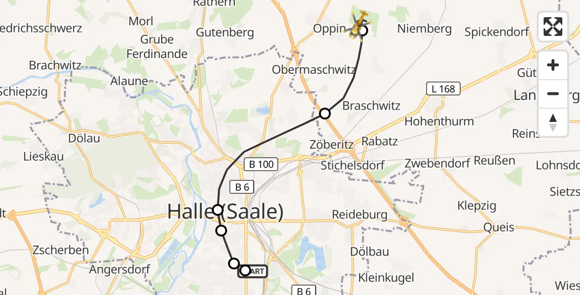 Flugroute Rettungshubschrauber BG Hospital Bergmannstrost Halle - Halle-Oppin Flugplatz, 06 September 2026, 14:27