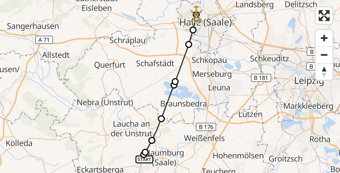 Flugroute Rettungshubschrauber Naumburg (Saale) - Halle (Saale) University Hospital, 06 September 2026, 14:28