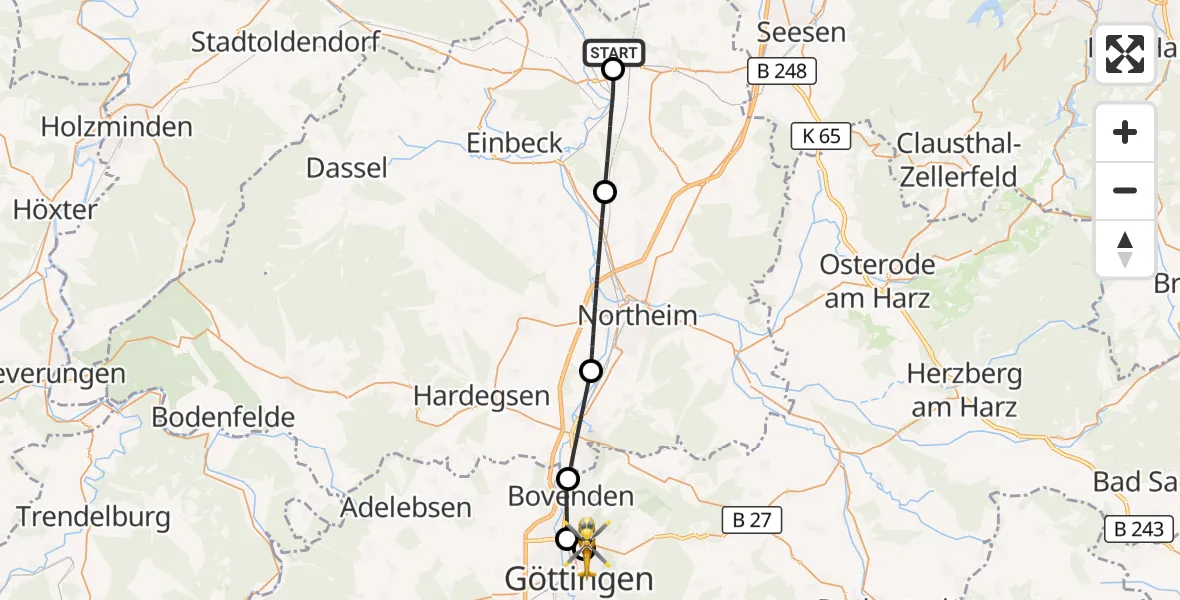 Flugroute Rettungshubschrauber Bad Gandersheim - Göttingen University Clinic Hubschrauberlandeplatz, 06 September 2026, 14:32