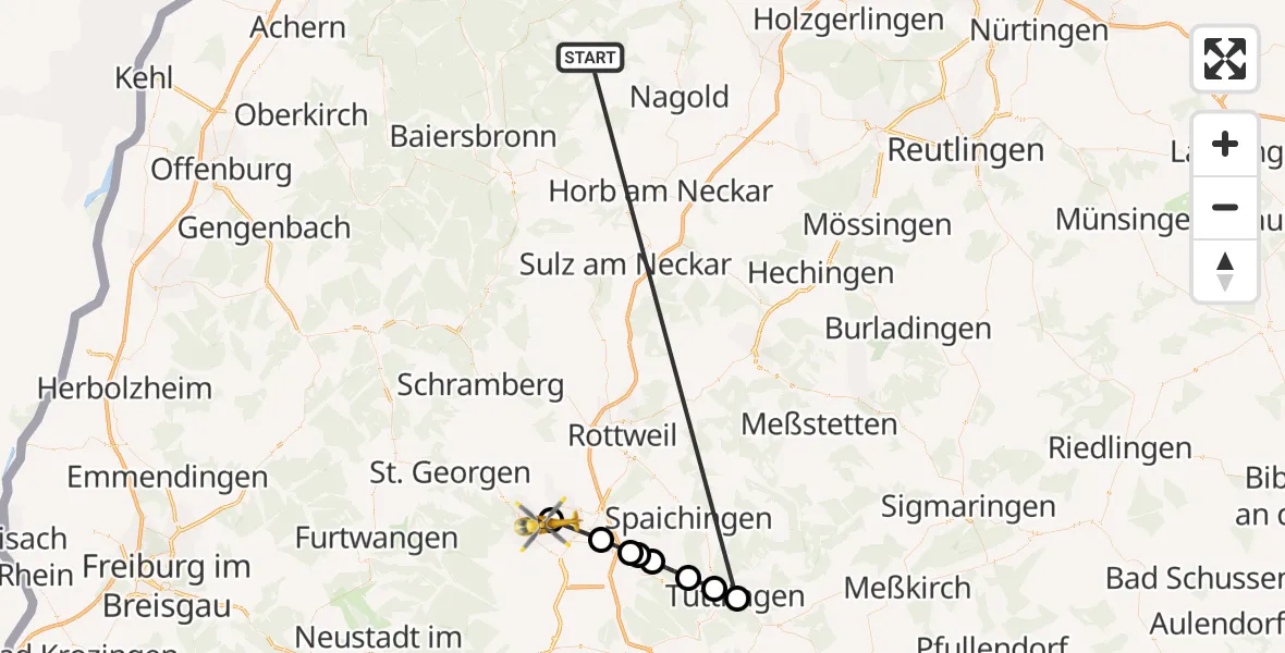 Flugroute Ambulanzhubschrauber Altensteig - DRF Air Rescue Station Villingen-Schwenningen Hubschrauberlandeplatz (Christoph 11), 06 September 2026, 14:33