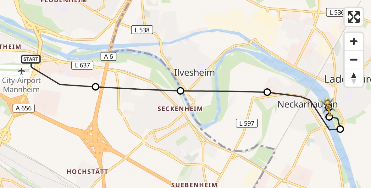 Flugroute Rettungshubschrauber Mannheim-City Flughafen - Ladenburg, 06 September 2026, 14:34