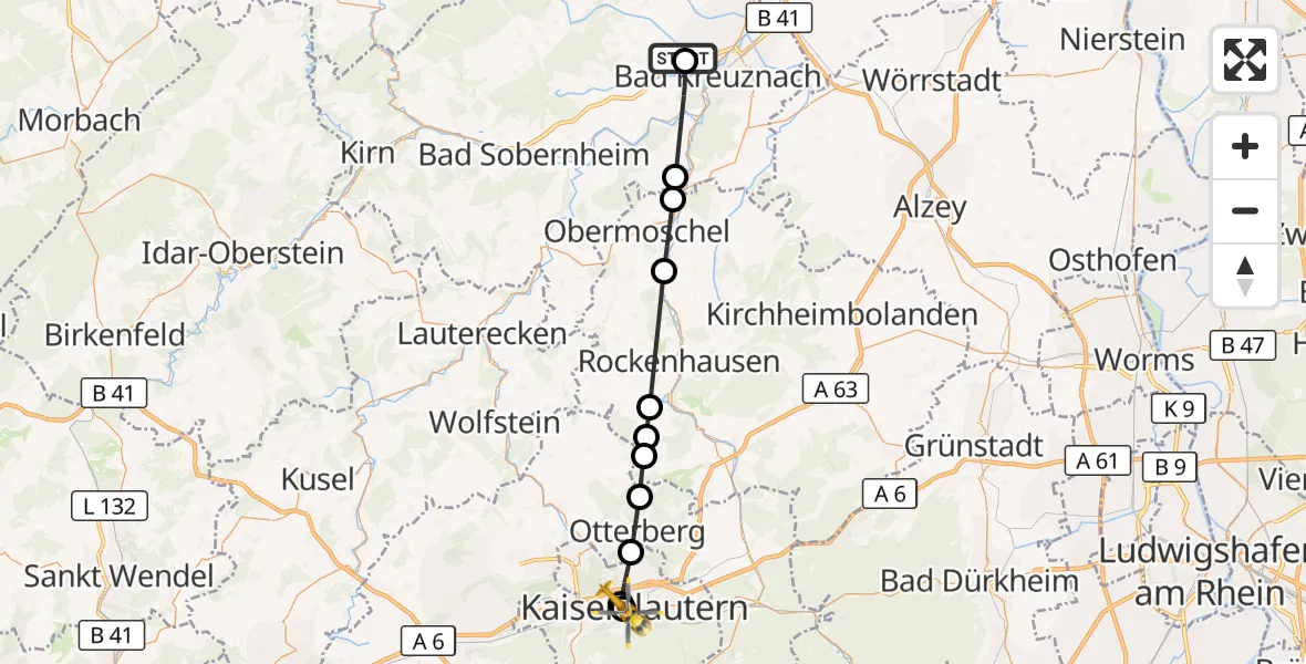 Flugroute Rettungshubschrauber Hargesheim - Westpfalz Hospital Kaiserslautern, 06 September 2026, 14:37