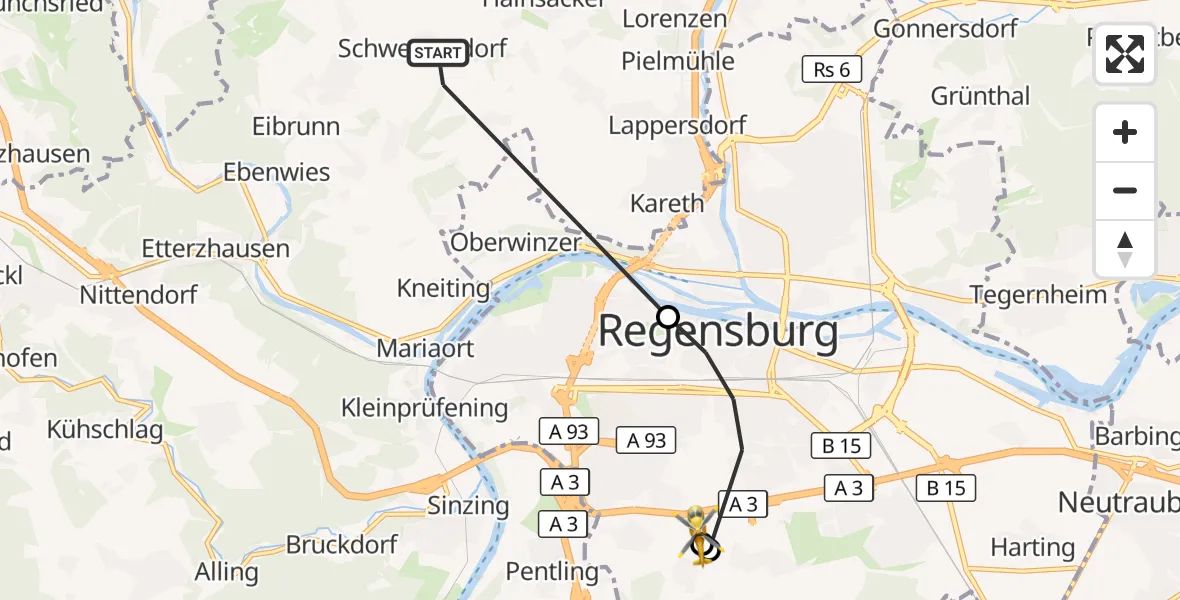 Flugroute Rettungshubschrauber Pettendorf - DRF Air Rescue Station Regensburg / Regensburg University Hospital, 06 September 2026, 14:38