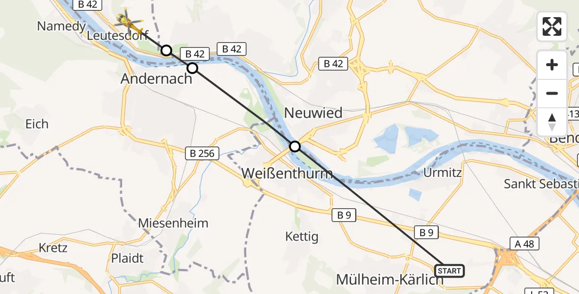 Flugroute Rettungshubschrauber Mülheim-Kärlich - Leutesdorf, 06 September 2026, 14:39