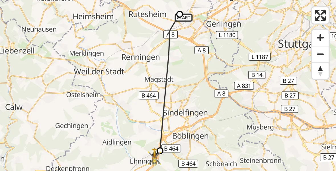 Flugroute Rettungshubschrauber Leonberg Hospital - Ehningen, 06 September 2026, 14:41