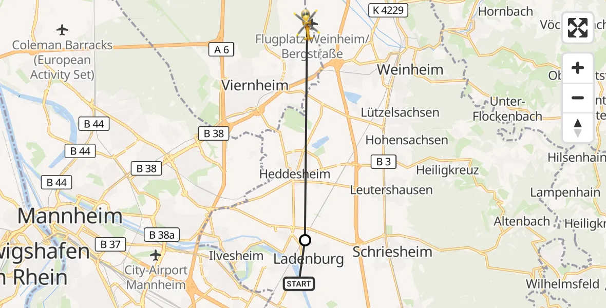 Flugroute Rettungshubschrauber Edingen-Neckarhausen - Weinheim/Bergstraße Flugplatz, 06 September 2026, 14:42