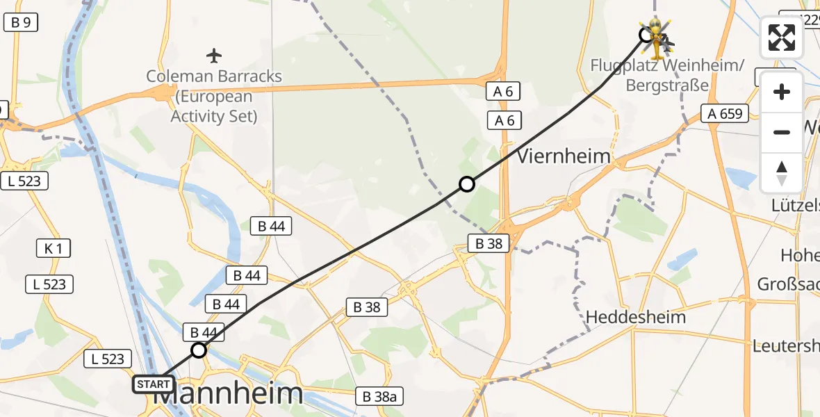 Flugroute Rettungshubschrauber Ludwigshafen am Rhein - Weinheim/Bergstraße Flugplatz, 06 September 2026, 14:46