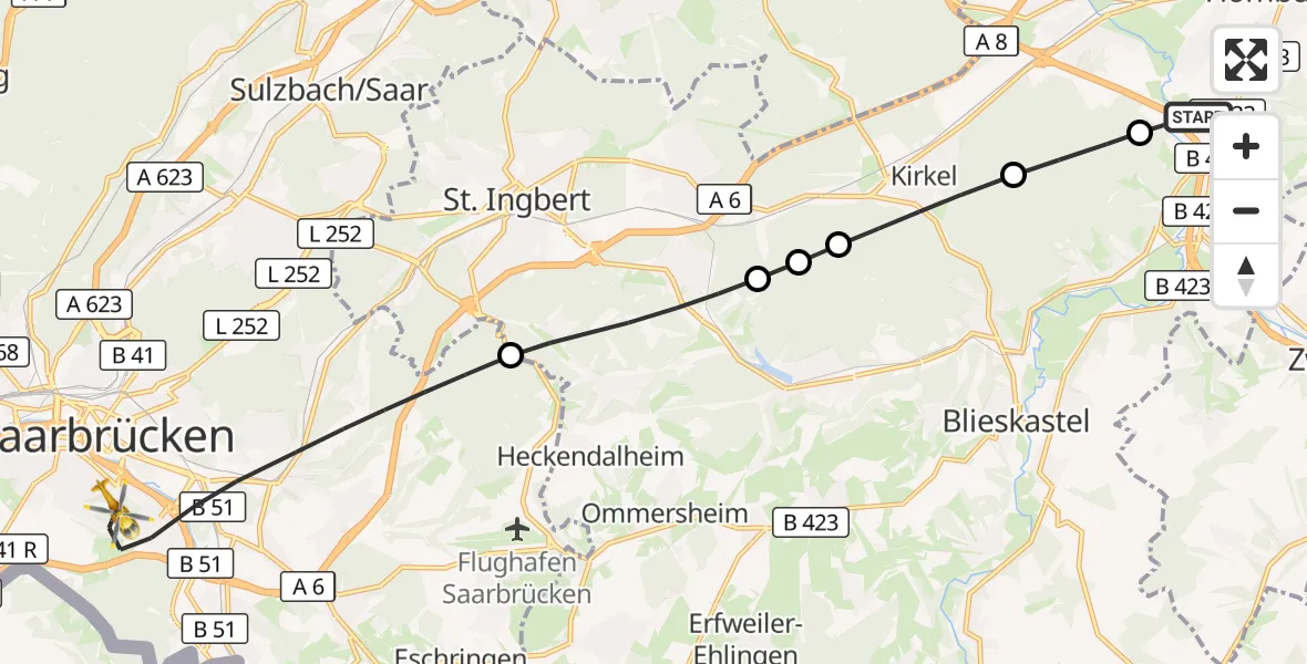 Flugroute Rettungshubschrauber Homburg - Saarbrücken, 06 September 2026, 14:46