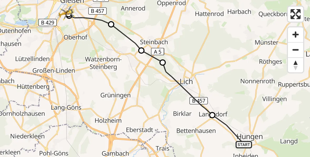 Flugroute Rettungshubschrauber Hungen - Gießen University Hospital, 06 September 2026, 14:50