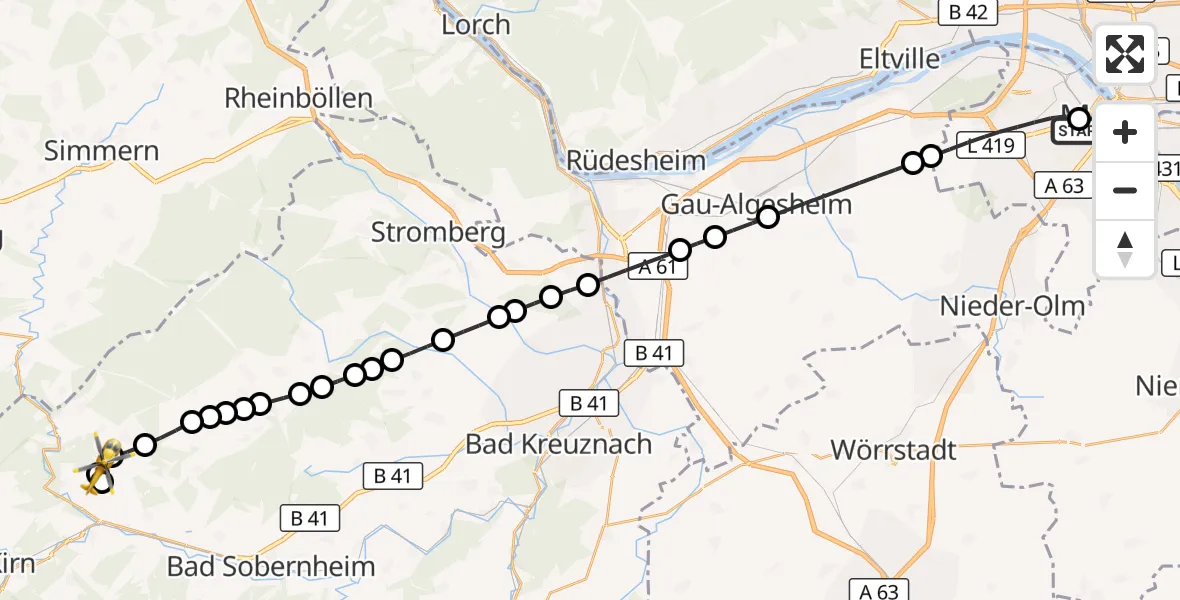 Flugroute Rettungshubschrauber Mainz University Hospital - Simmertal, 06 September 2026, 14:59