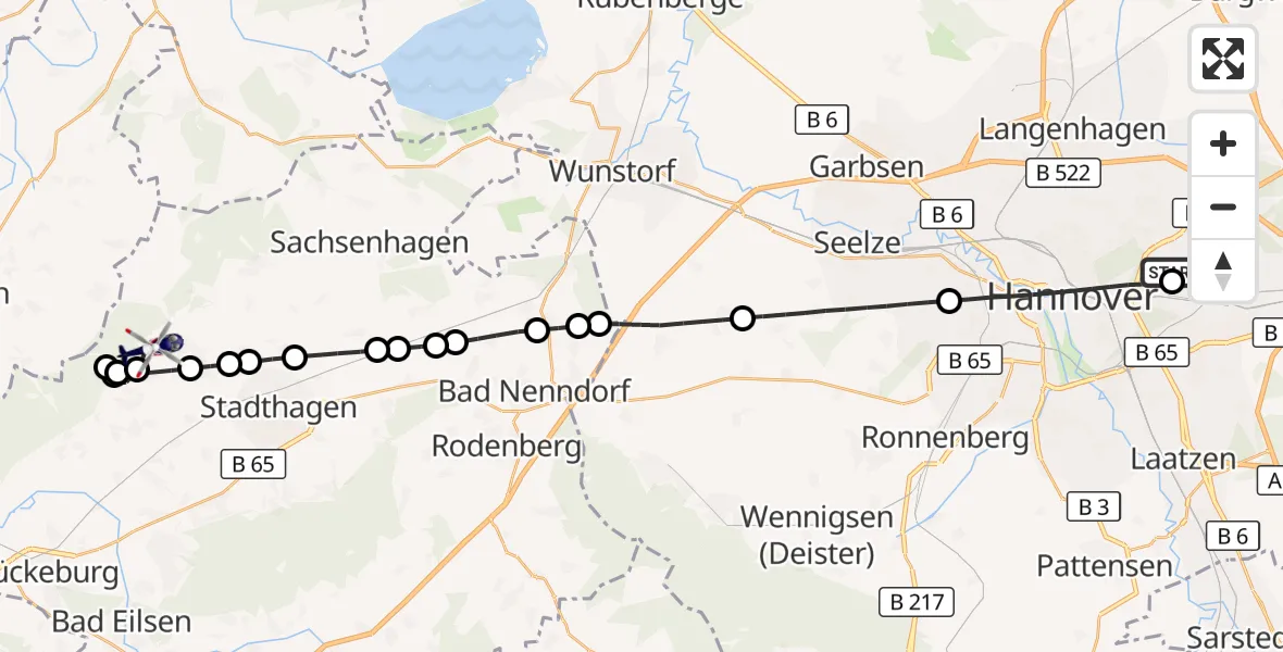 Flugroute Polizeihubschrauber Hannover Luftrettung Hubschrauberlandeplatz (Christoph 4) - Meerbeck, 06 September 2026, 15:04