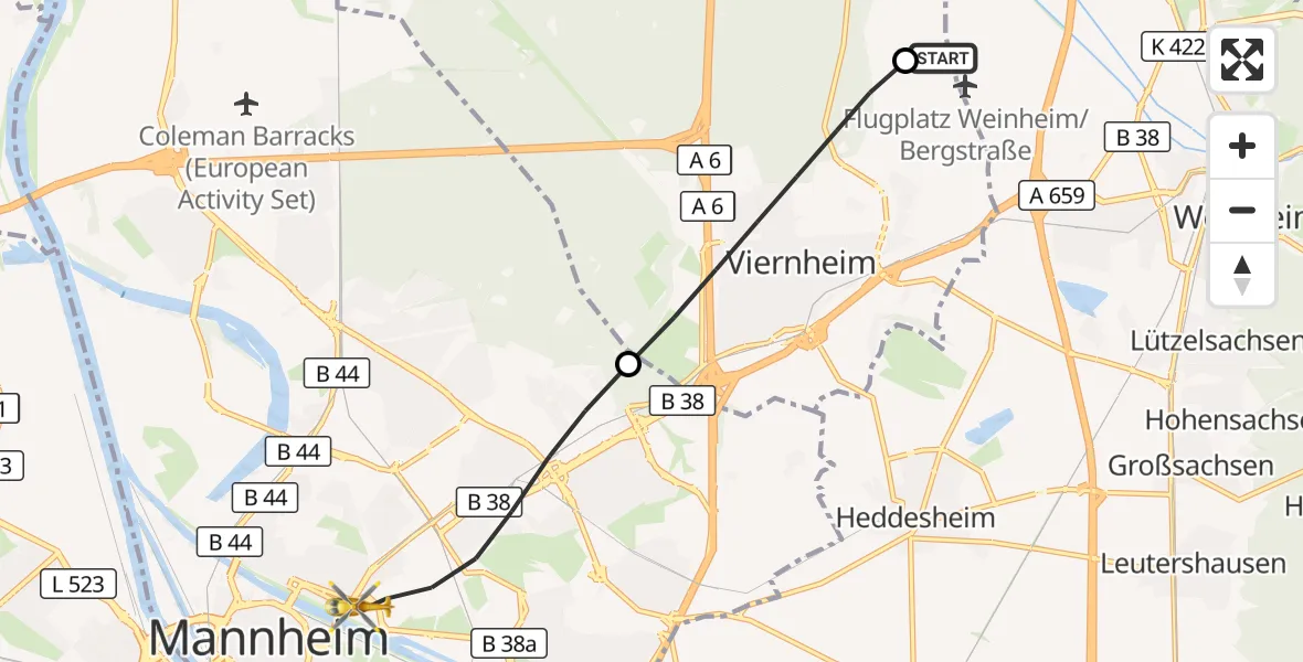 Flugroute Rettungshubschrauber Weinheim/Bergstraße Flugplatz - Mannheim, 06 September 2026, 15:07
