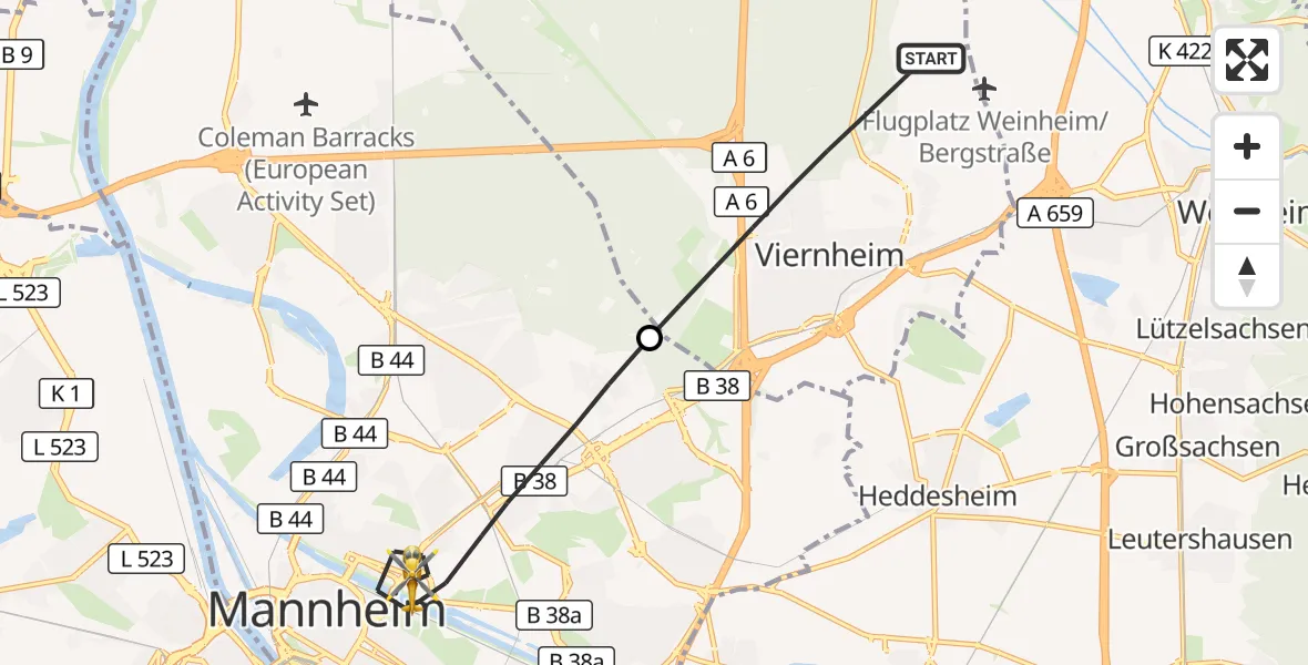 Flugroute Rettungshubschrauber Viernheim - Mannheim, 06 September 2026, 15:15