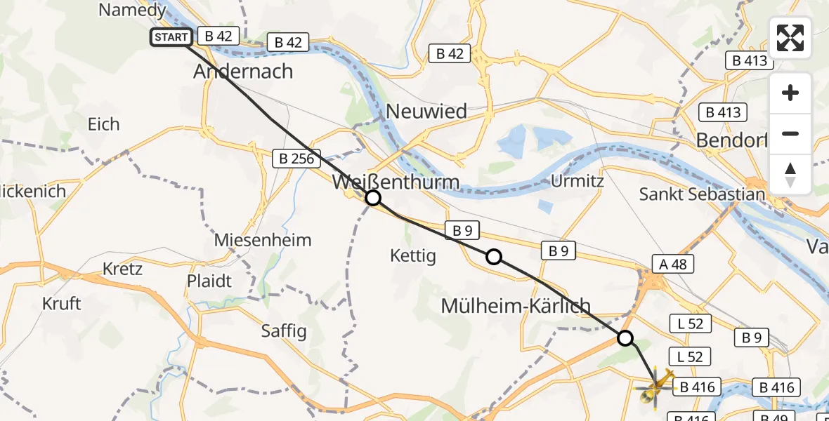 Flugroute Rettungshubschrauber Andernach - Koblenz, 06 September 2026, 15:16