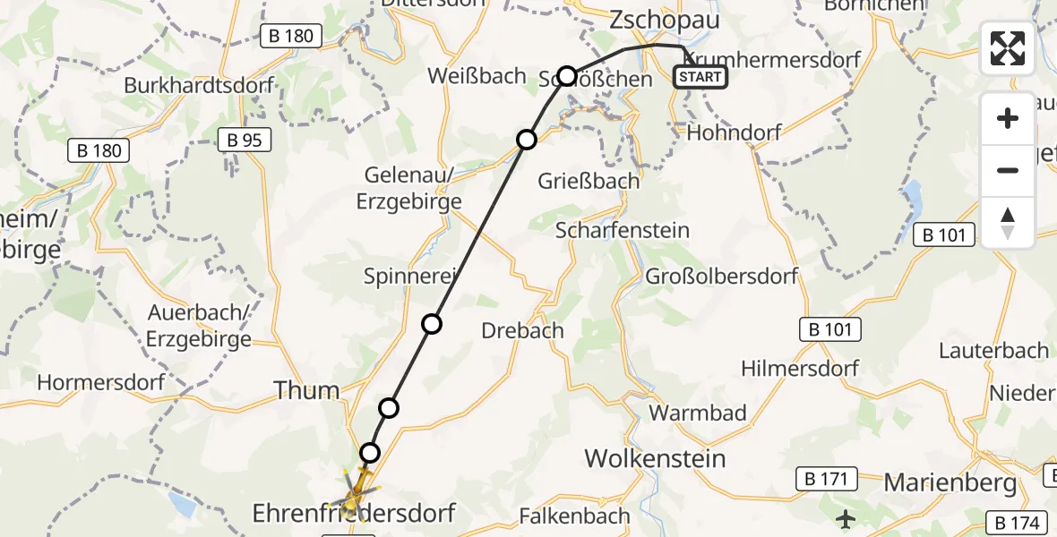 Flugroute Rettungshubschrauber Zschopau - Ehrenfriedersdorf, 06 September 2026, 15:16