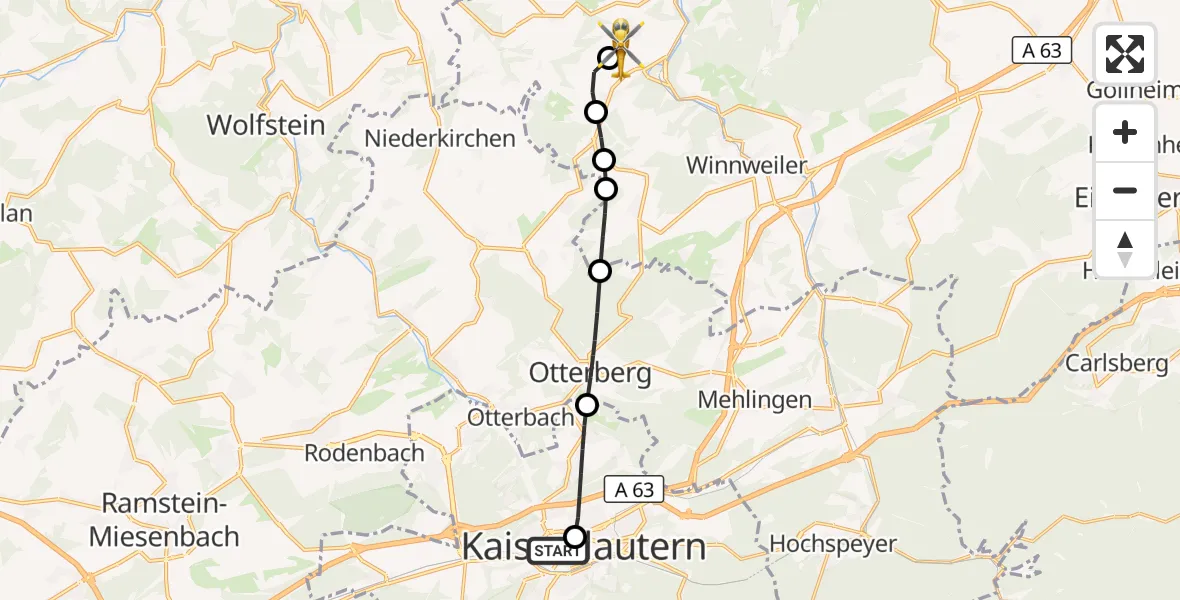 Flugroute Rettungshubschrauber Westpfalz Hospital Kaiserslautern - Rockenhausen, 06 September 2026, 15:17