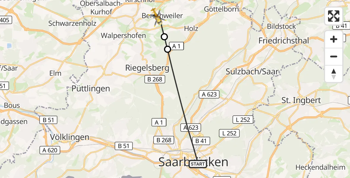 Flugroute Rettungshubschrauber Saarbrücken - Heusweiler, 06 September 2026, 15:24