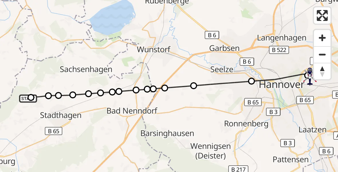 Flugroute Polizeihubschrauber Meerbeck - Hannover Luftrettung Hubschrauberlandeplatz (Christoph 4), 06 September 2026, 15:41