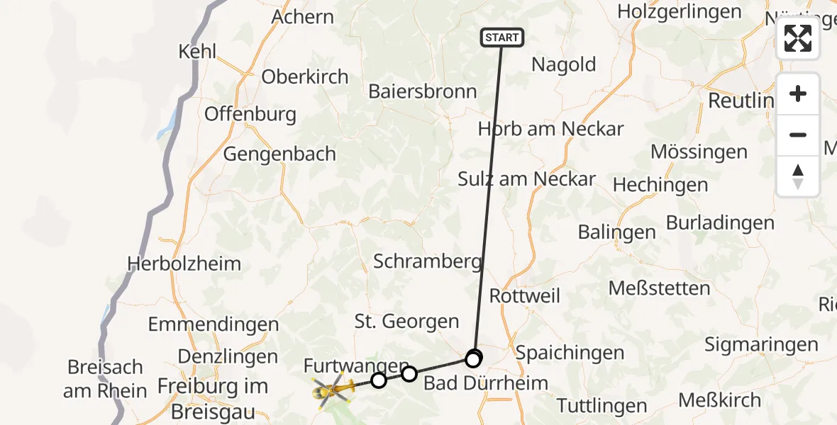 Flugroute Ambulanzhubschrauber Altensteig - Furtwangen im Schwarzwald, 06 September 2026, 15:41