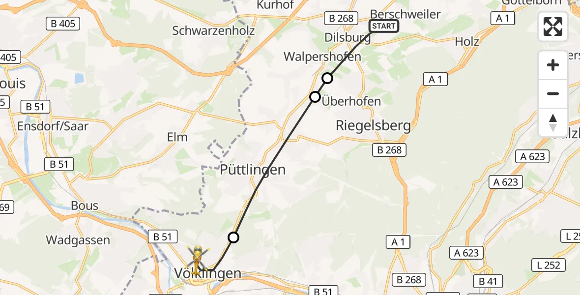 Flugroute Rettungshubschrauber Heusweiler - Völklingen, 06 September 2026, 15:52
