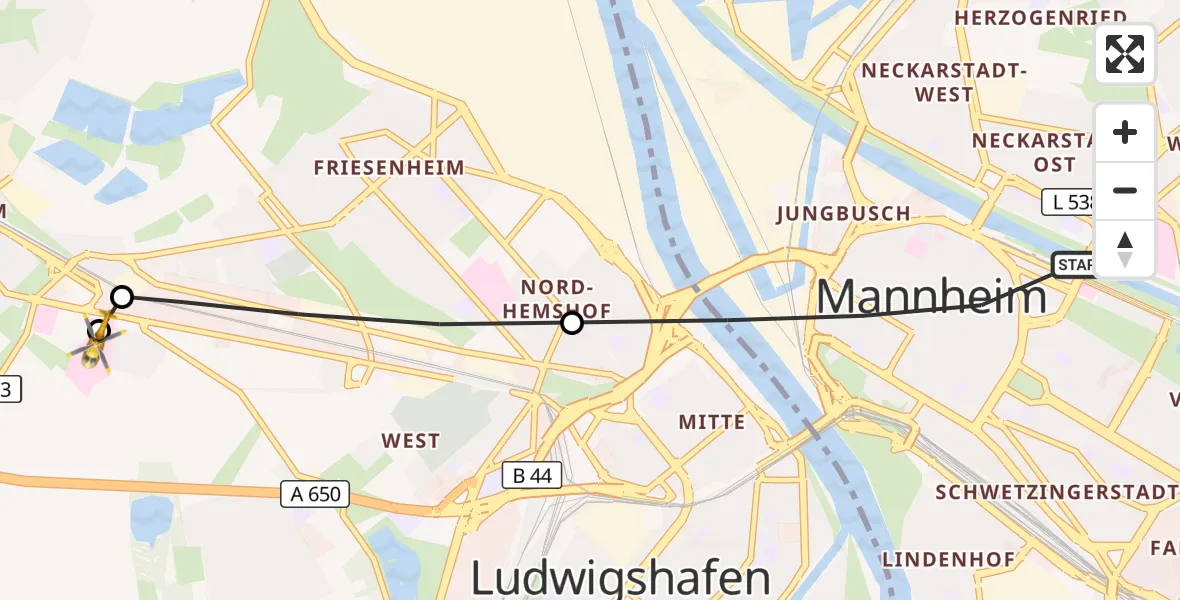 Flugroute Rettungshubschrauber Mannheim - Ludwigshafen Accident Hospital, 06 September 2026, 15:59