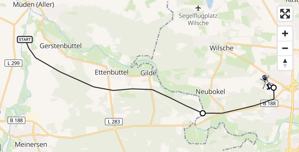 Flugroute Polizeihubschrauber Müden (Aller) - Gifhorn Bundespolizei Hubschrauberlandeplatz, 06 September 2026, 16:01