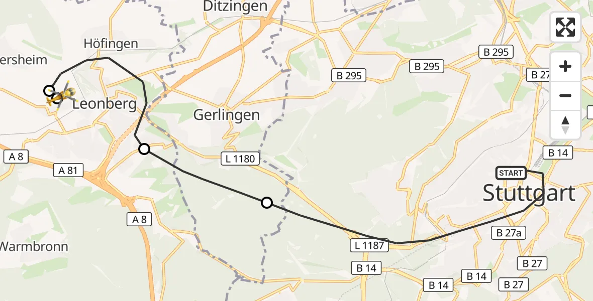 Flugroute Rettungshubschrauber Stuttgart - Leonberg Hospital, 06 September 2026, 16:18