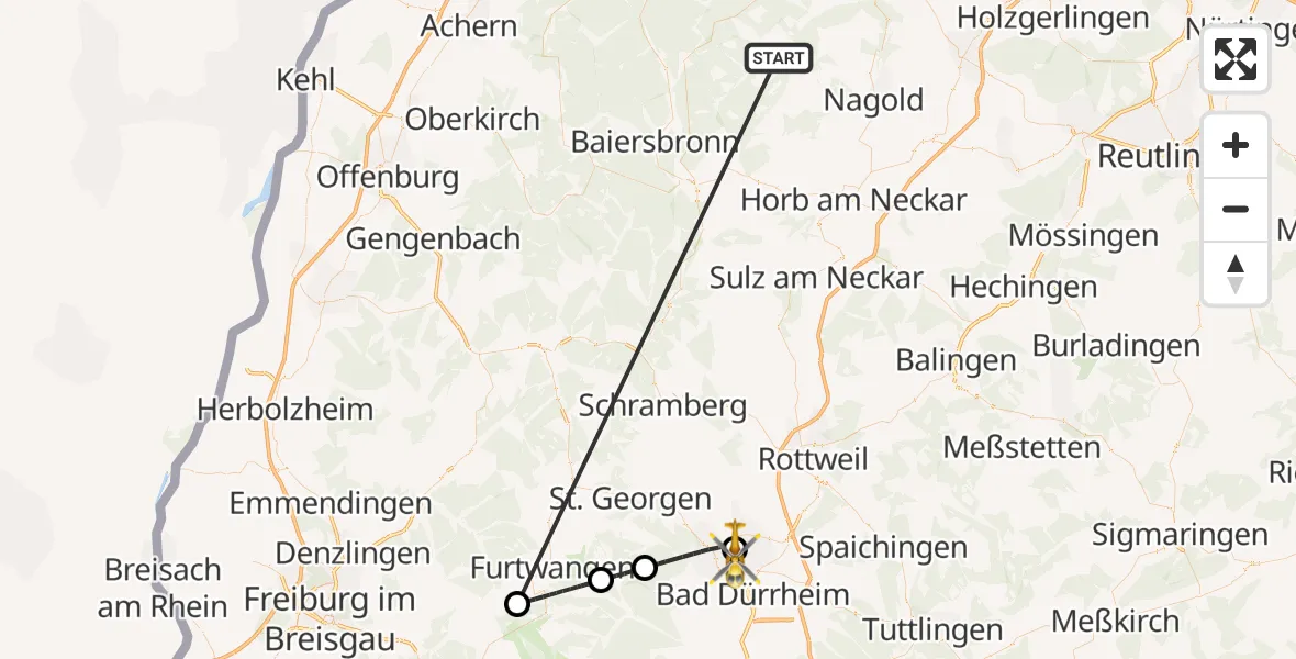 Flugroute Ambulanzhubschrauber Altensteig - DRF Air Rescue Station Villingen-Schwenningen Hubschrauberlandeplatz (Christoph 11), 06 September 2026, 16:20