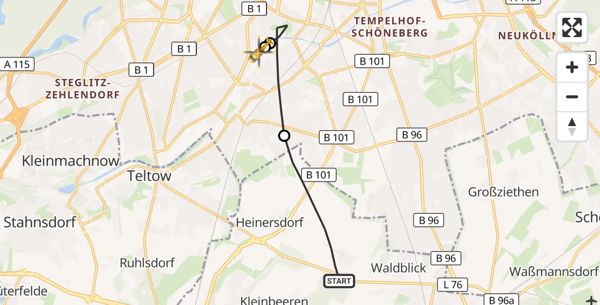 Flugroute Rettungshubschrauber Großbeeren - Charité Clinic Benjamin Franklin Campus, 06 September 2026, 16:21