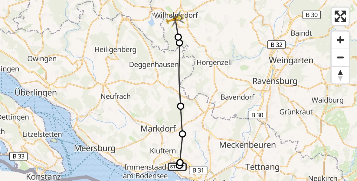 Flugroute Rettungshubschrauber Friedrichshafen Hospital - Wilhelmsdorf, 06 September 2026, 16:41