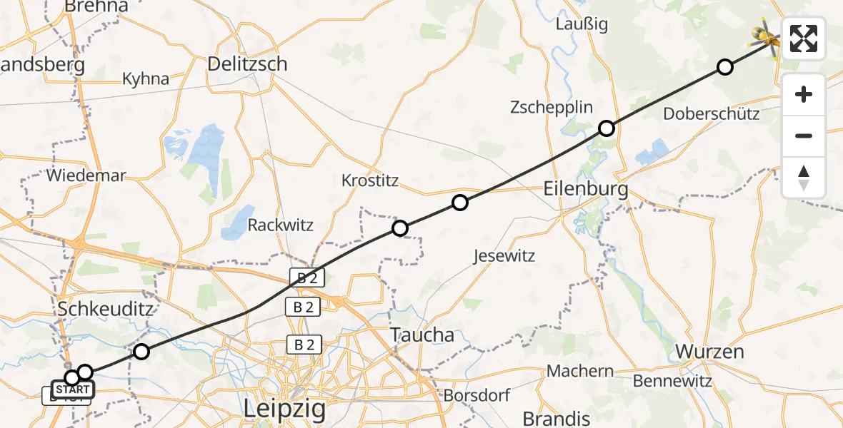 Flugroute Rettungshubschrauber ADAC Air Rescue Station Leipzig/Schkeuditz-Dölzig Hubschrauberlandeplatz (Christoph 61) - Mockrehna, 06 September 2026, 16:46