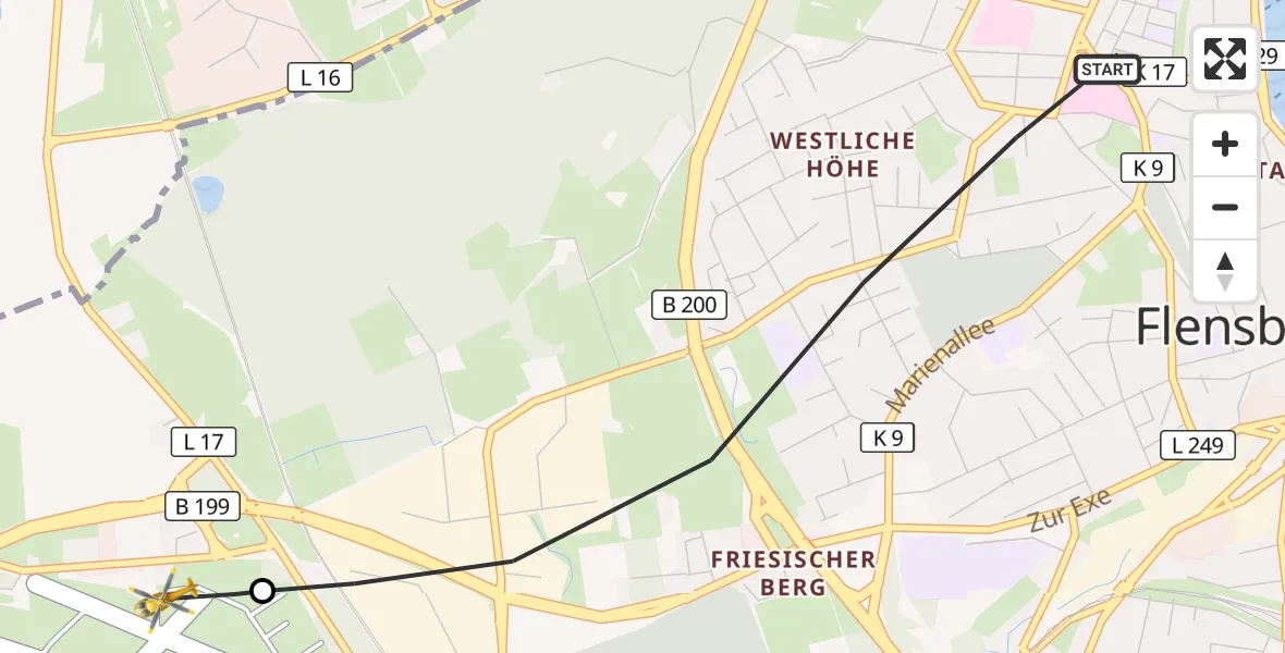 Flugroute Ambulanzhubschrauber Flensburg - Flensburg-Schäferhaus Flughafen, 06 September 2026, 16:57