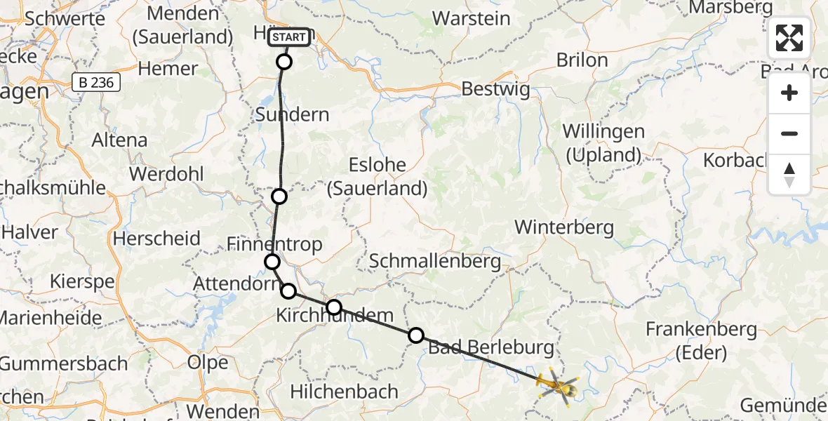 Flugroute Rettungshubschrauber Arnsberg - Hatzfeld (Eder), 06 September 2026, 17:00