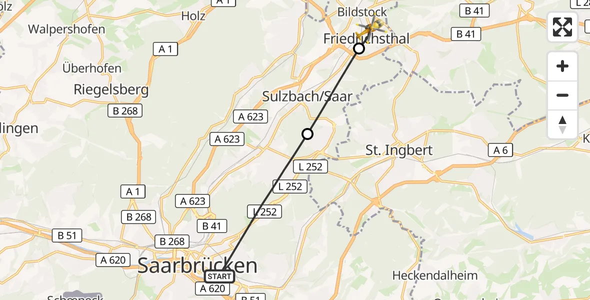Flugroute Rettungshubschrauber Saarbrücken - Friedrichsthal, 06 September 2026, 17:13