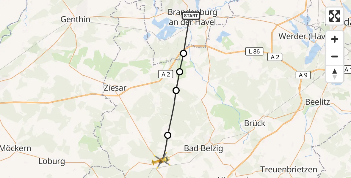 Flugroute Rettungshubschrauber Brandenburg an der Havel - Wiesenburg/Mark, 06 September 2026, 17:23