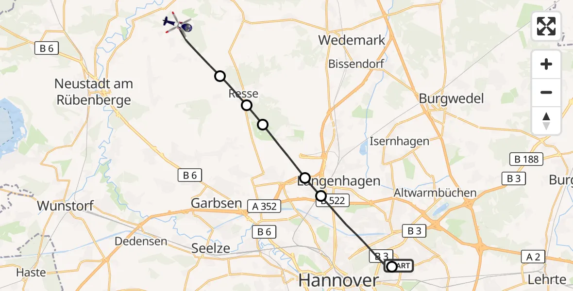 Flugroute Polizeihubschrauber Hannover Luftrettung Hubschrauberlandeplatz (Christoph 4) - Neustadt am Rübenberge, 06 September 2026, 17:26