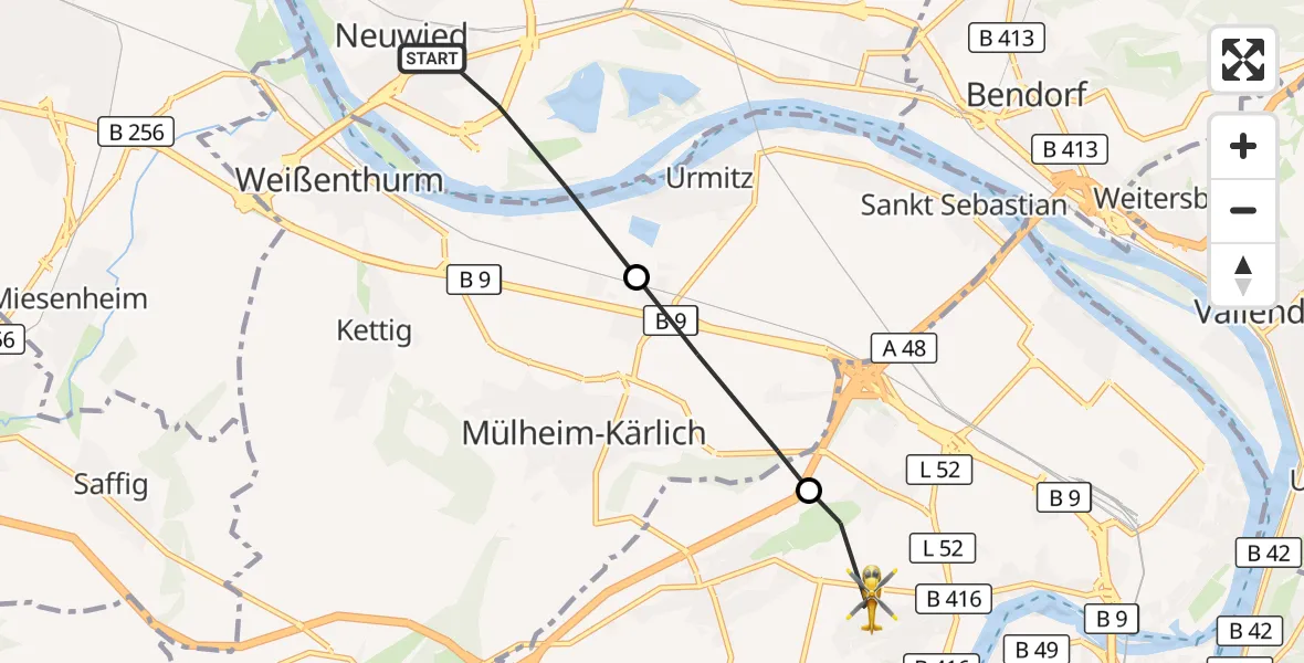 Flugroute Rettungshubschrauber Neuwied - Koblenz, 06 September 2026, 17:26