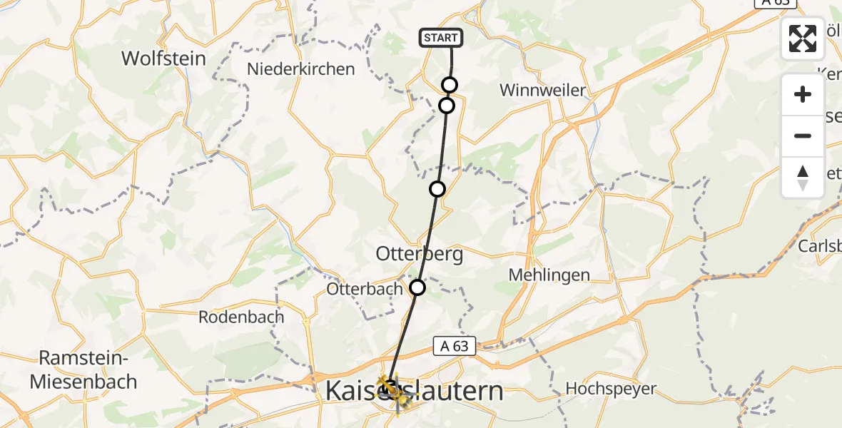 Flugroute Rettungshubschrauber Gundersweiler - Westpfalz Hospital Kaiserslautern, 06 September 2026, 17:36
