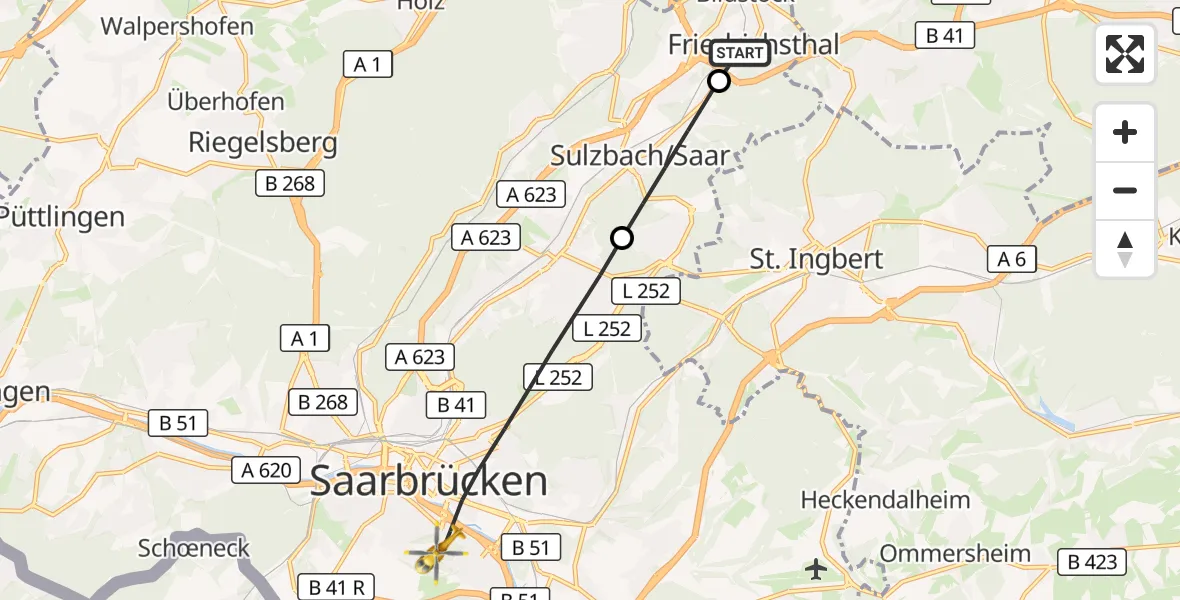 Flugroute Rettungshubschrauber Friedrichsthal - Saarbrücken, 06 September 2026, 17:43