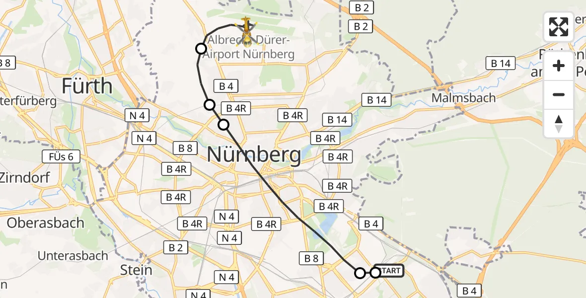 Flugroute Rettungshubschrauber Nürnberg South Hospital - Flughafen Nuremberg, 06 September 2026, 17:47